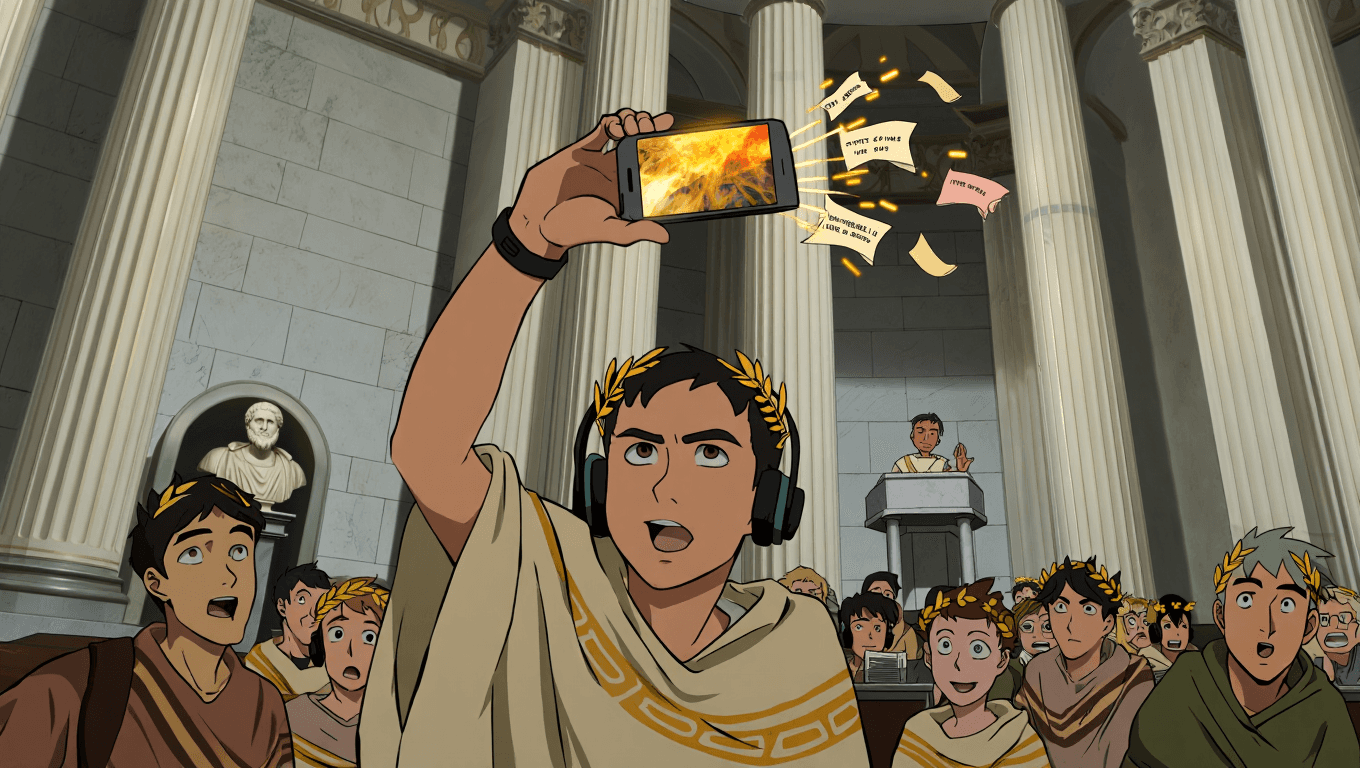 Student recording a professor's lecture with a golden-glowing smartphone that transforms audio into quiz questions