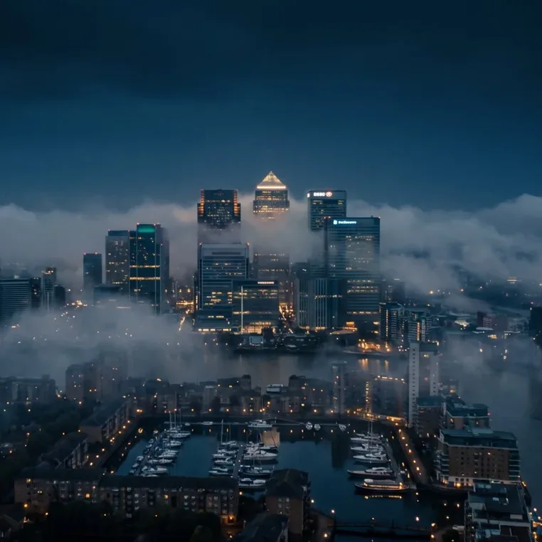 Album cover: a harbour city at night half hidden in fog
