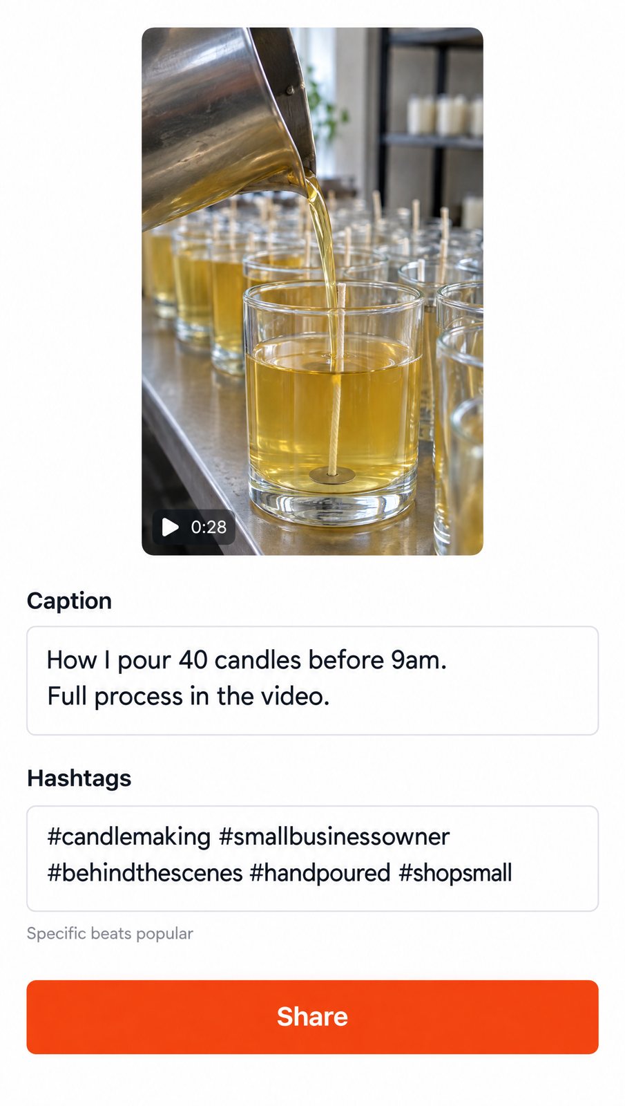 Example Reel composer with a caption about pouring 40 candles before 9am and five specific hashtags: candlemaking, smallbusinessowner, behindthescenes, handpoured, shopsmall