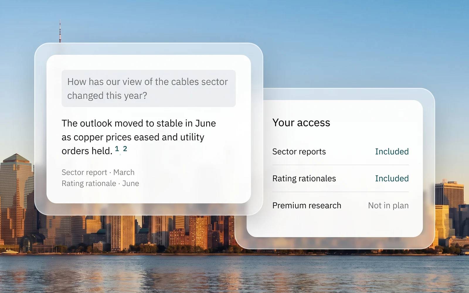 A question on the cables sector answered from a sector report and a rating rationale, beside the user's access: two collections included and one outside their plan