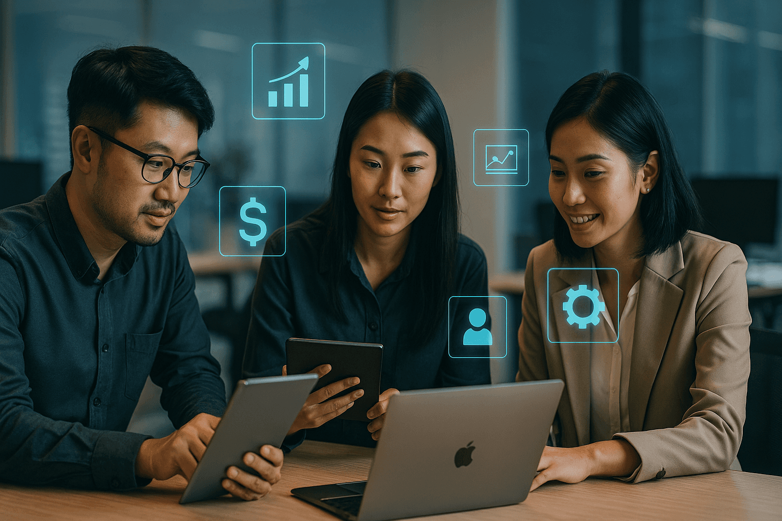 Team reviewing data on cloud based ERP applications for businesses