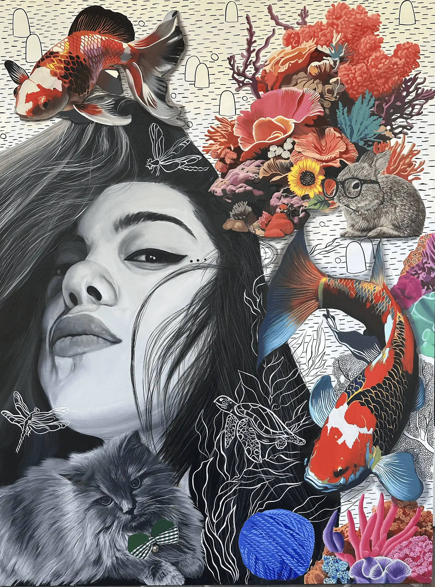 A mixed-media painting featuring a grayscale portrait of a woman with koi fish, coral reefs, a cat, and a rabbit collaged into her flowing hair, set against a background of outlined sea life and symbols.