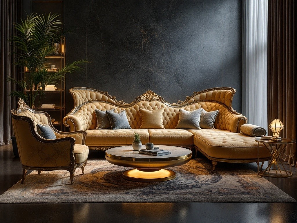 A luxurious living room with a large, ornate sectional sofa and matching armchair.