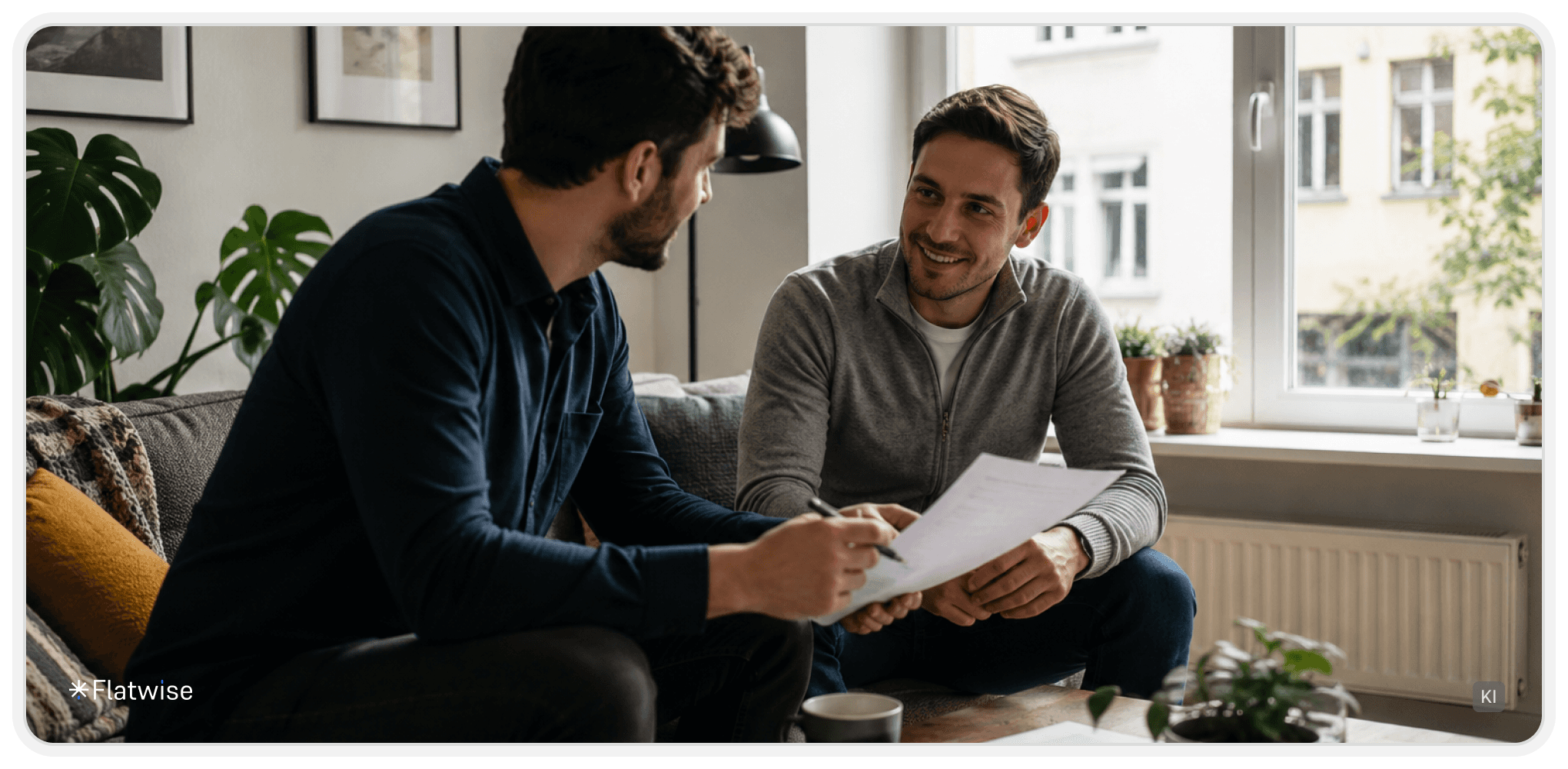Vermieter und Mietinteressent besprechen ein Mietanbot bei einem persönlichen Gespräch in einer Wohnung, KI generiert