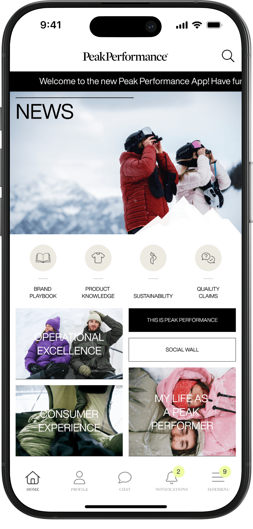 Mobile app interface showing the Peak Performance internal app home screen with navigation, news content, and brand resources.