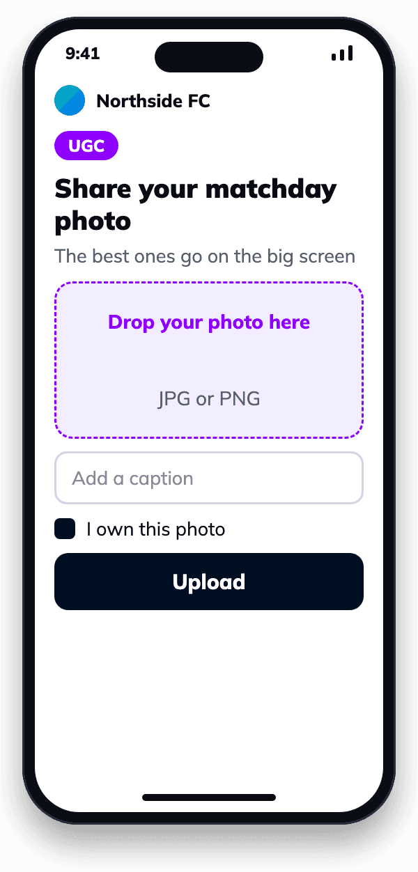 Photo upload form on a phone: share your matchday photo