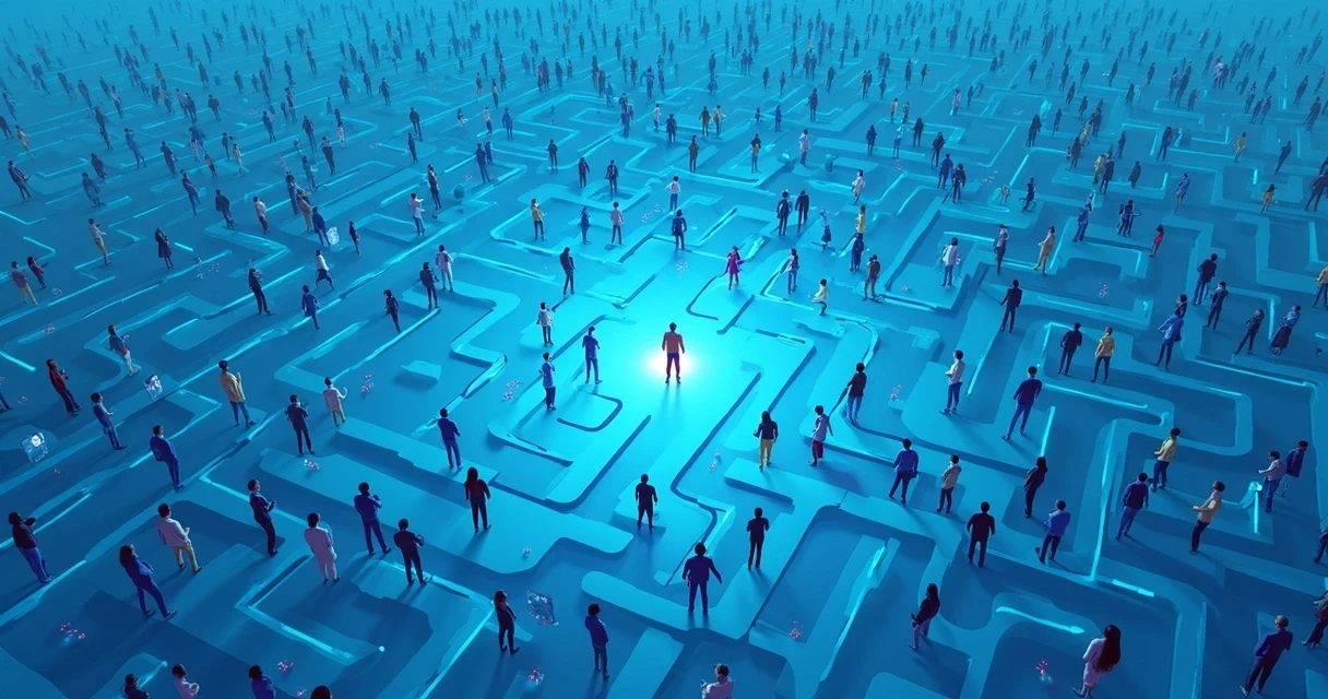 Ilustração mostra um labirinto digital com pessoas confusas e poucas chegando ao objetivo 