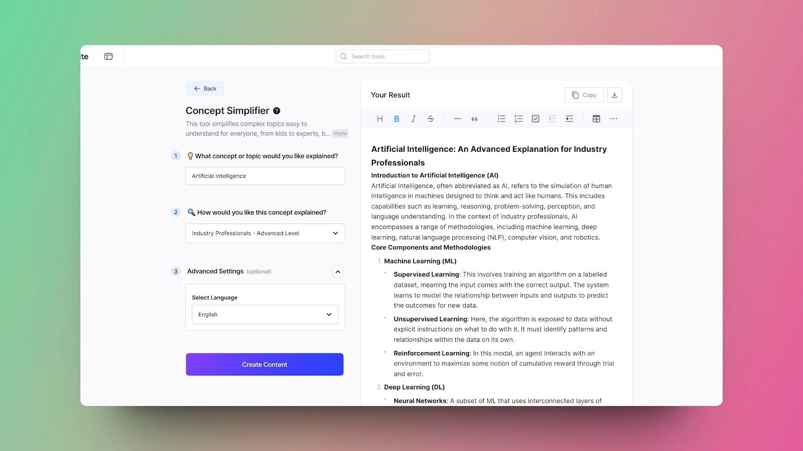 A screenshot of GravityWrite's Concept Simplifier tool, displaying options to simplify complex topics for students at different levels.