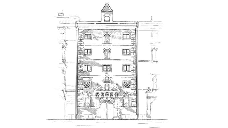 Zeichnung einer barocken Fassade mit Portal, Erkern und Wappen darüber
