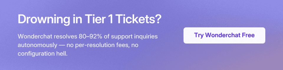 Drowning in Tier 1 Tickets? Wonderchat resolves 80–92% of support inquiries autonomously — no per-resolution fees, no configuration hell. Try Wonderchat Free