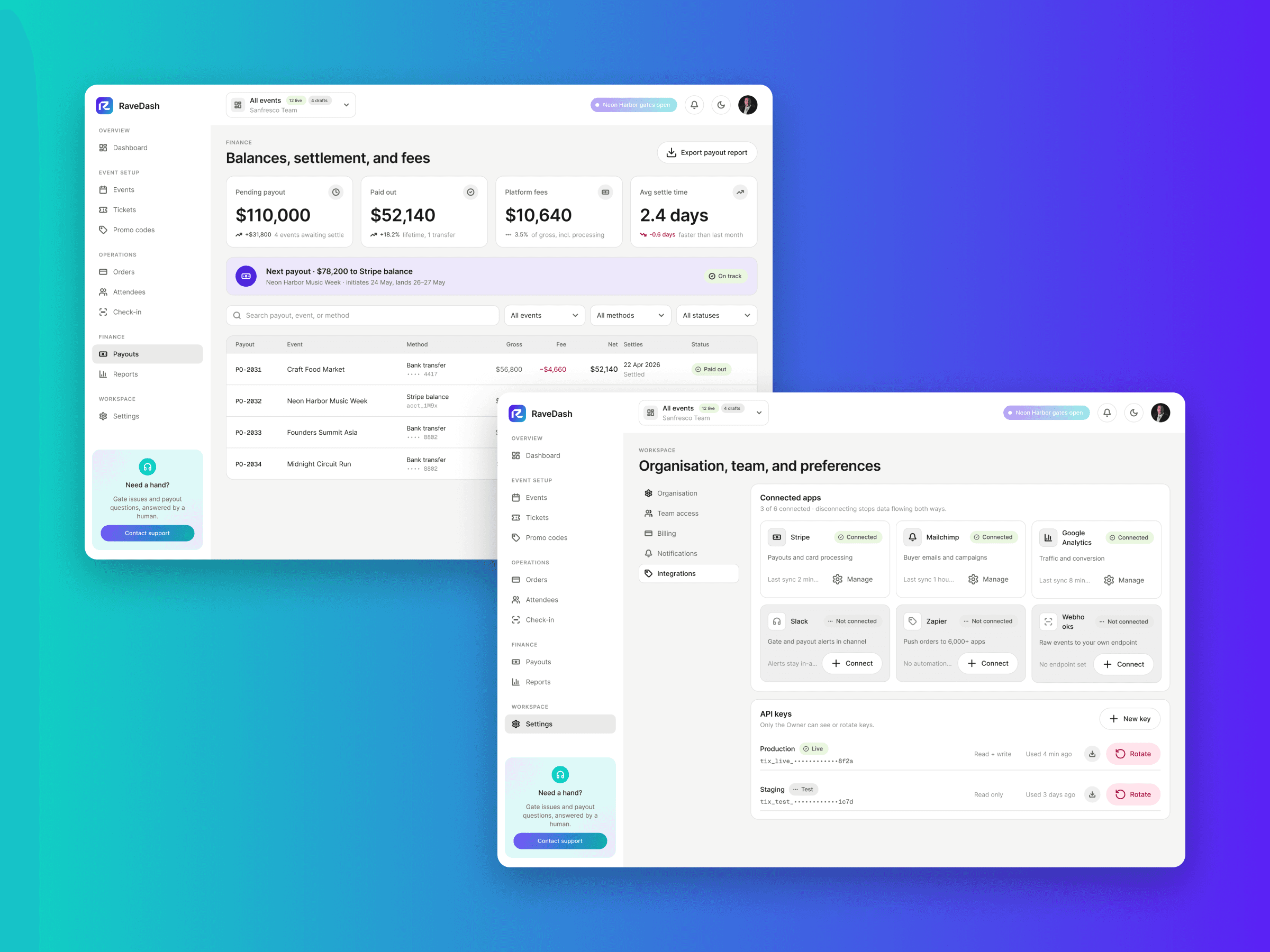 RaveDash payouts and settings screens