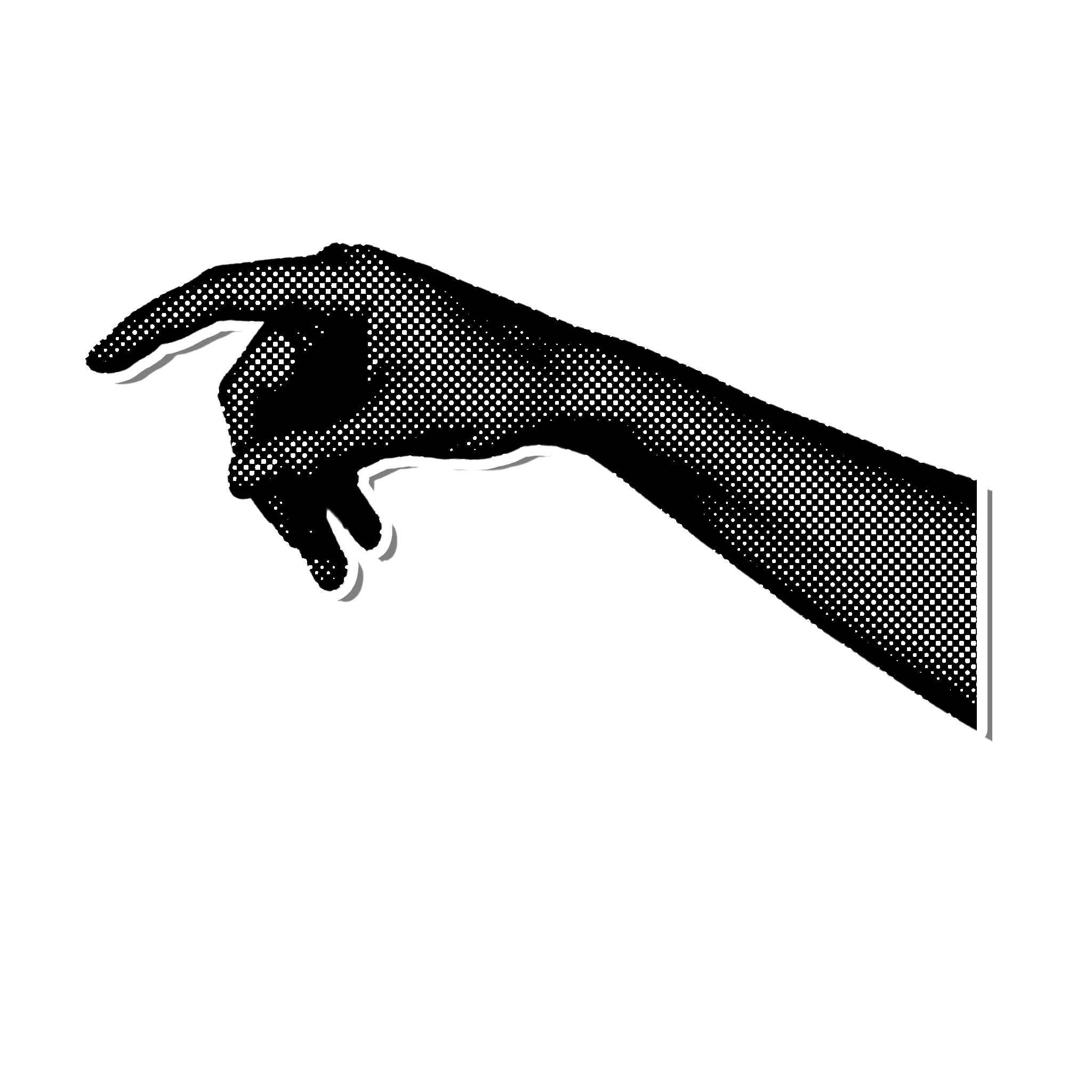Vintage halftone illustration of a pointing hand and arm on a black background symbolizing direction and guidance