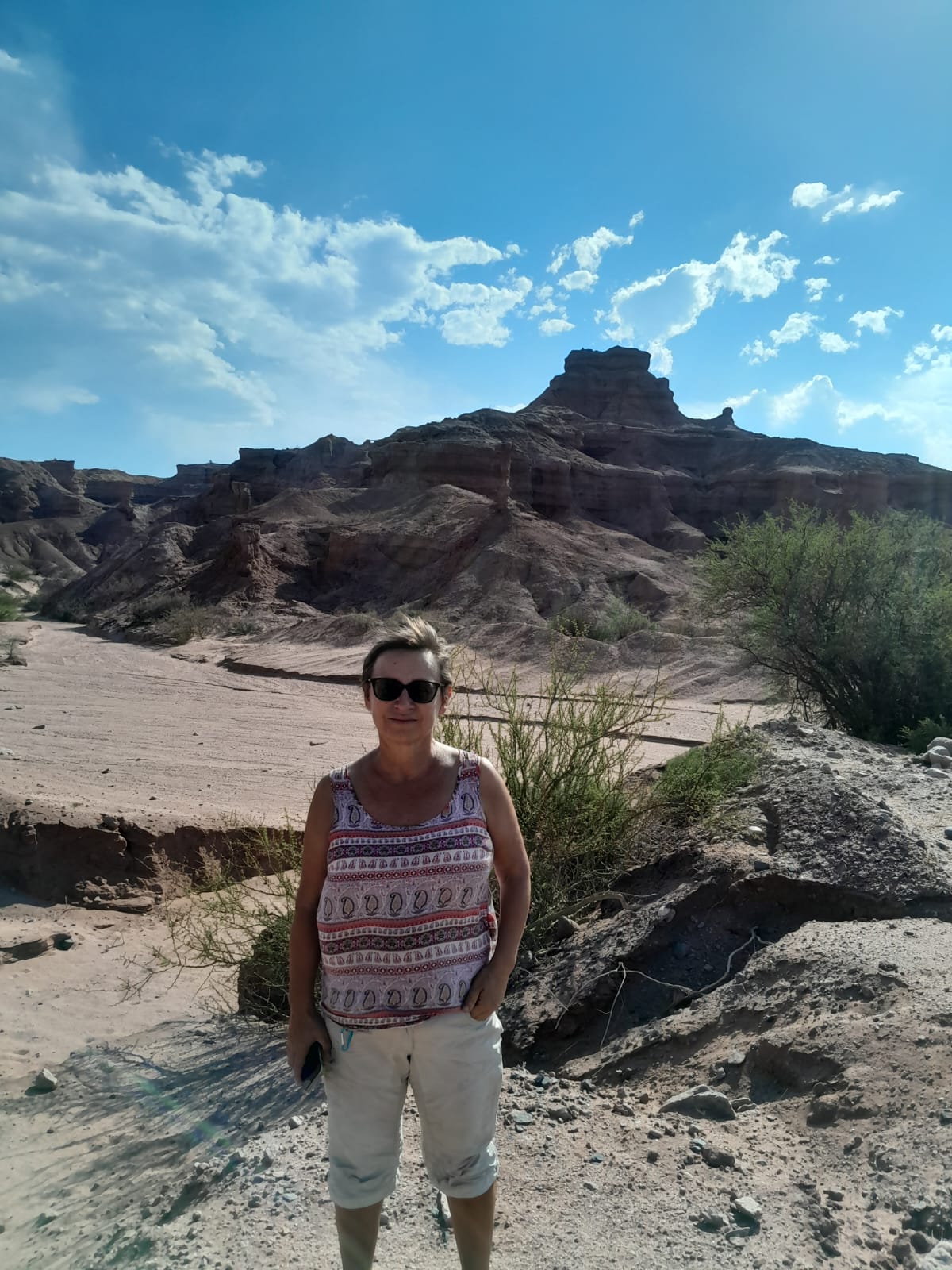 Mujer sentada sobre un tronco frente a una cascada doble en un bosque frondoso de Argentina.