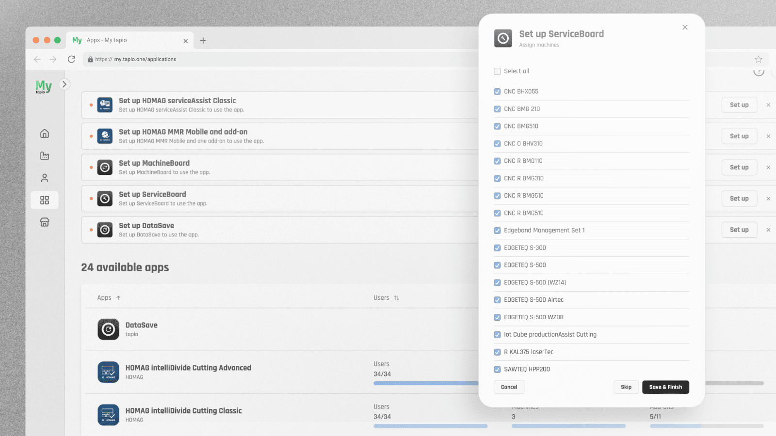 Screenshot aus My tapio des App-Tabs auf dem das einrichten von ServiceBoard gezeigt wird