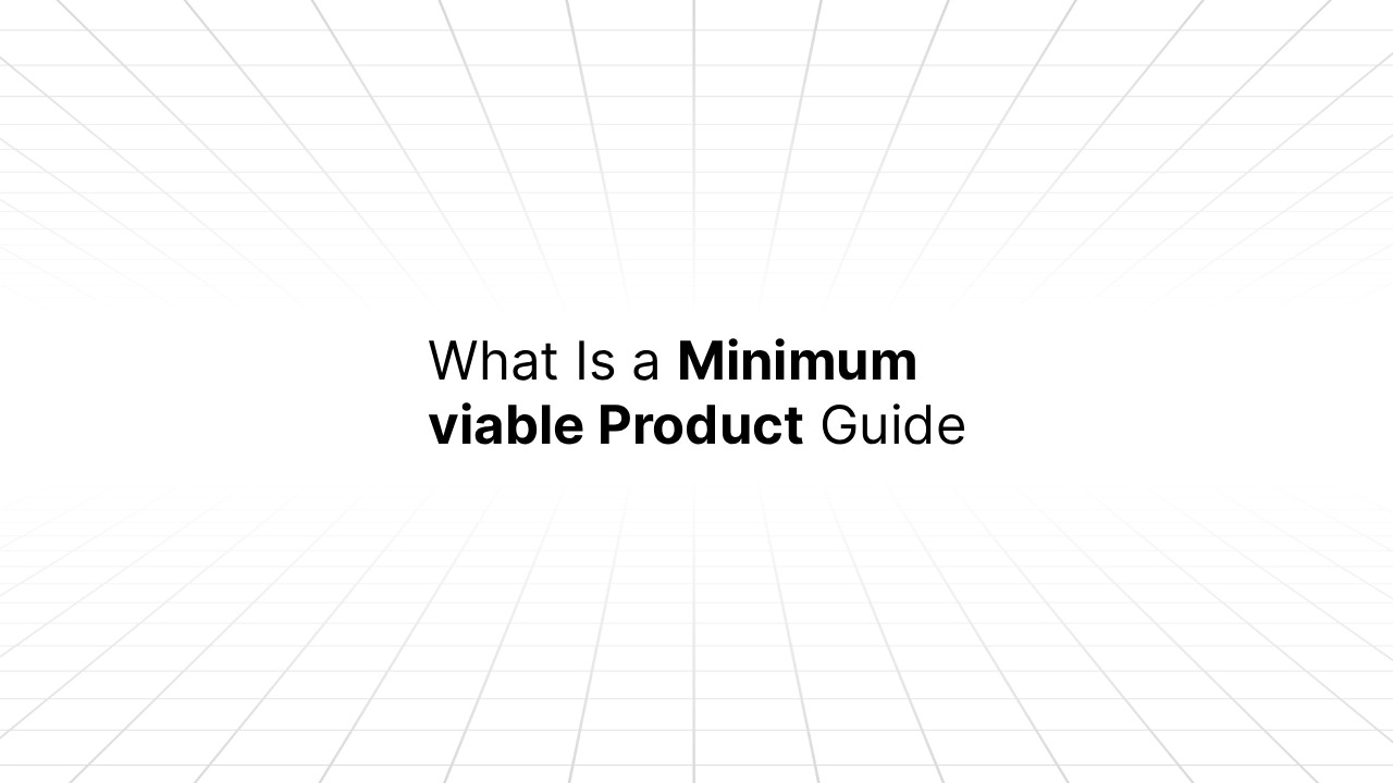 White background with grid lines converging toward the center, featuring the text 'What Is a Minimum Viable Product Guide' in black font.