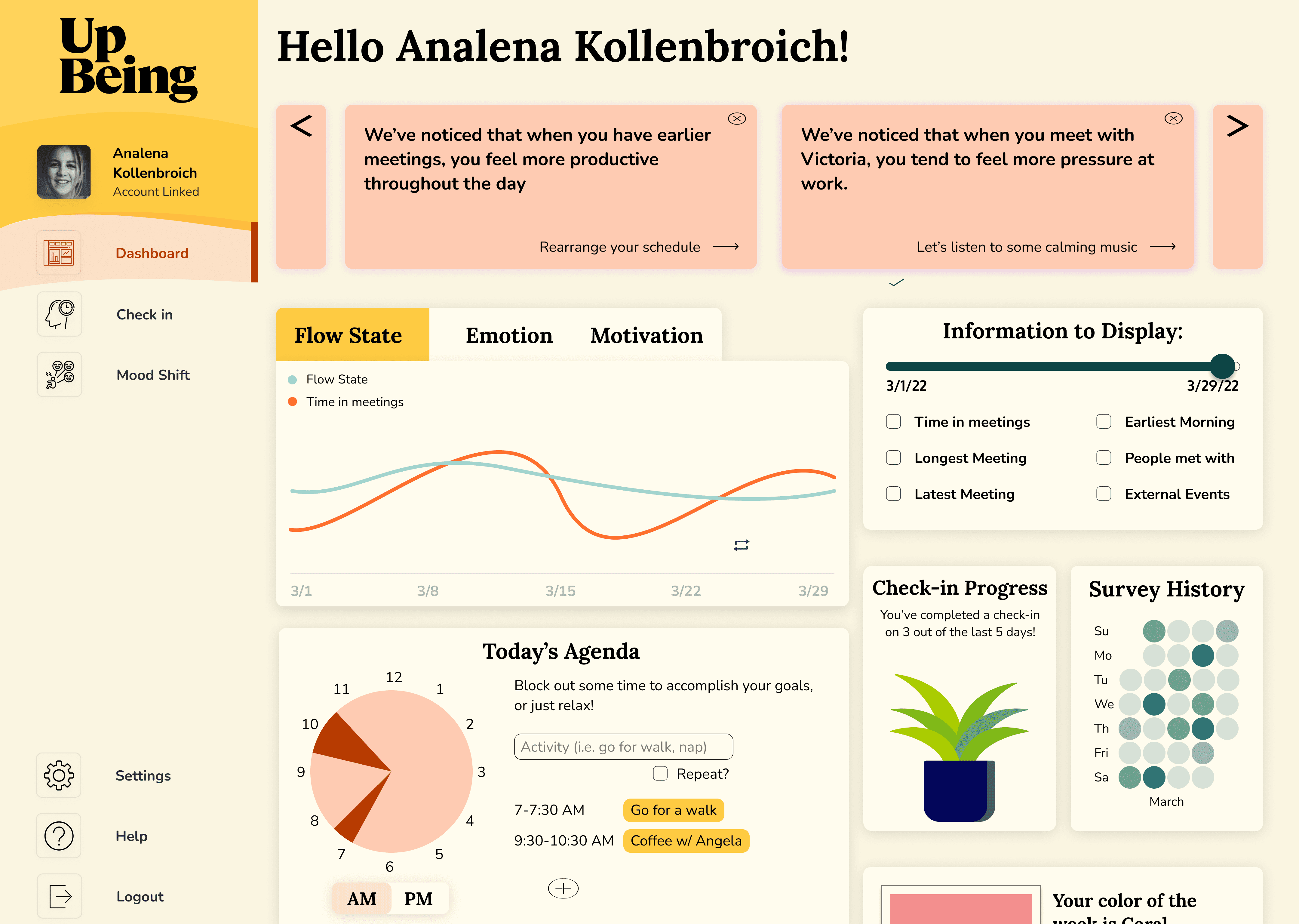 UpBeing dashboard showing mood trends, daily insights, and navigation to emotional wellness activities.