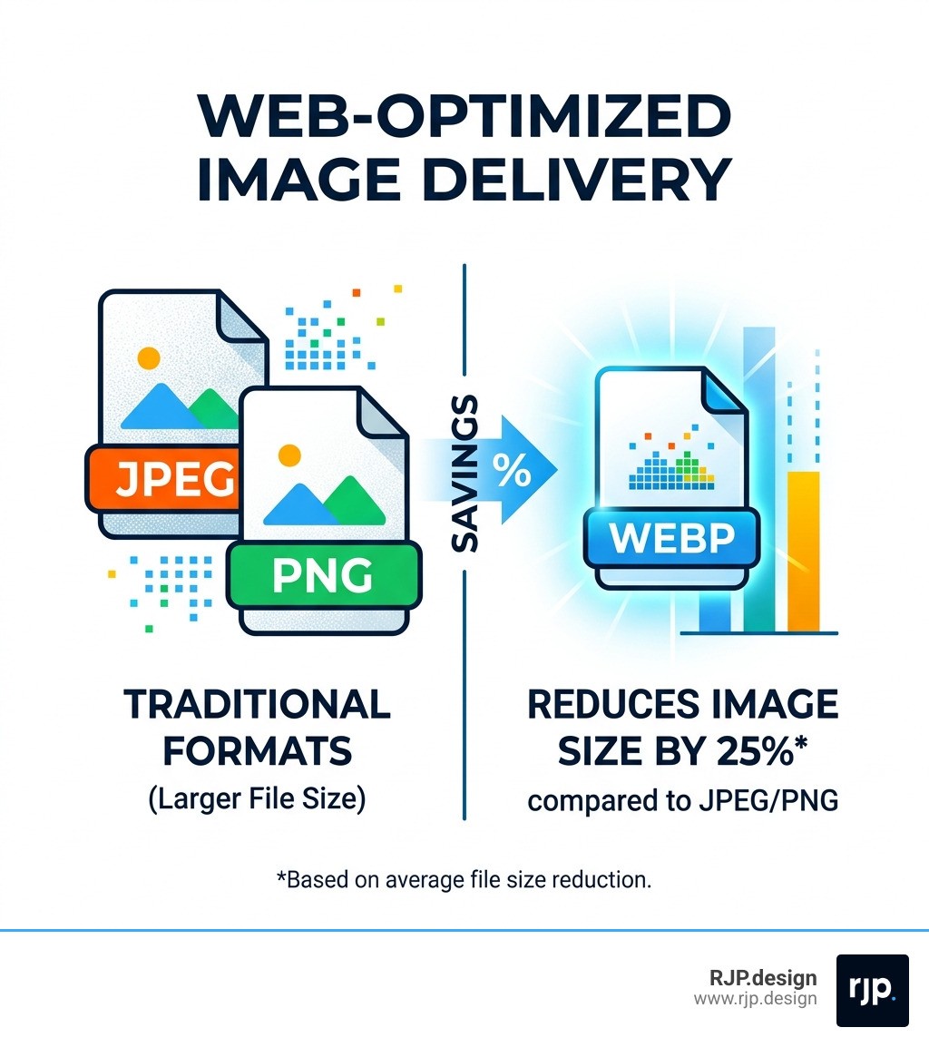 Infographic showing that WebP format reduces image size by 25% compared to JPEG/PNG - adobe responsive web design
