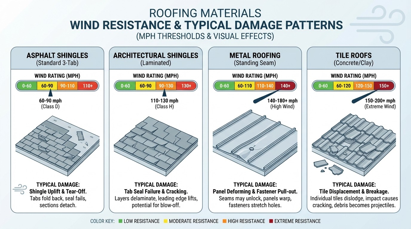 Roofing material wind resistance comparison showing 60-140+ mph ratings by material type