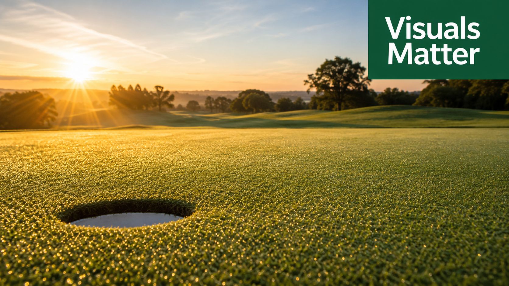 A close-up view of a golf hole on a putting green at sunrise with golden light.