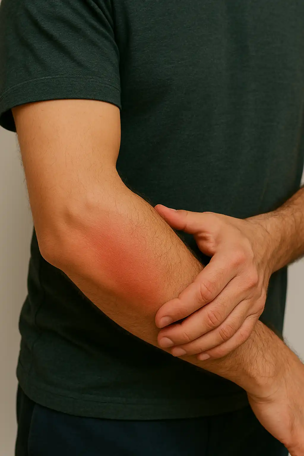 Man holding his inflamed elbow with visible redness, showing symptoms of elbow bursitis and joint irritation.