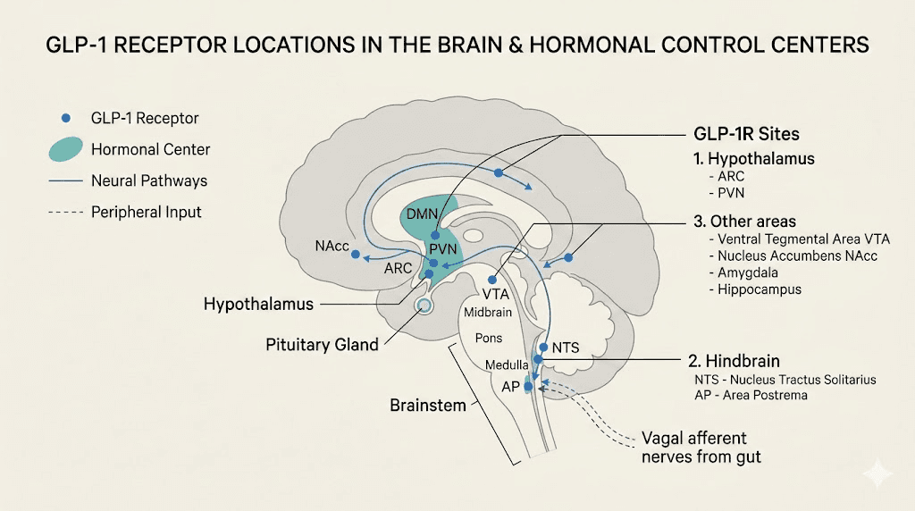 GLP-1 receptor locations in the brain near hormonal control centers
