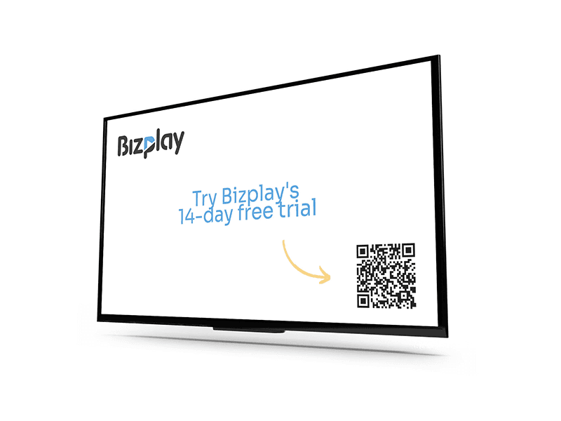 Screen with promotional content. Try bizplay 14 days for free and a scannable qr-code.