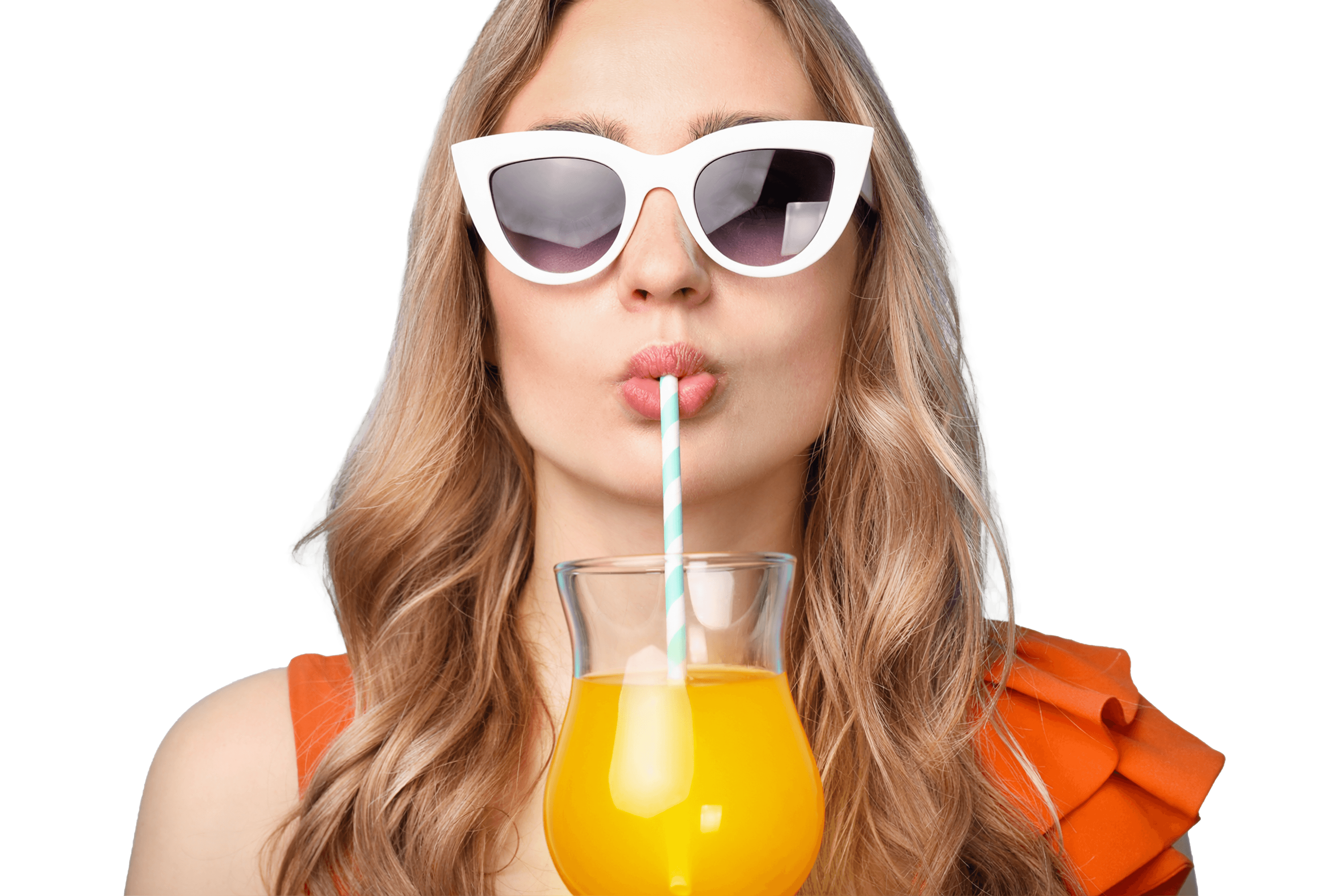 Woman in white cat-eye sunglasses sipping orange juice through a striped straw