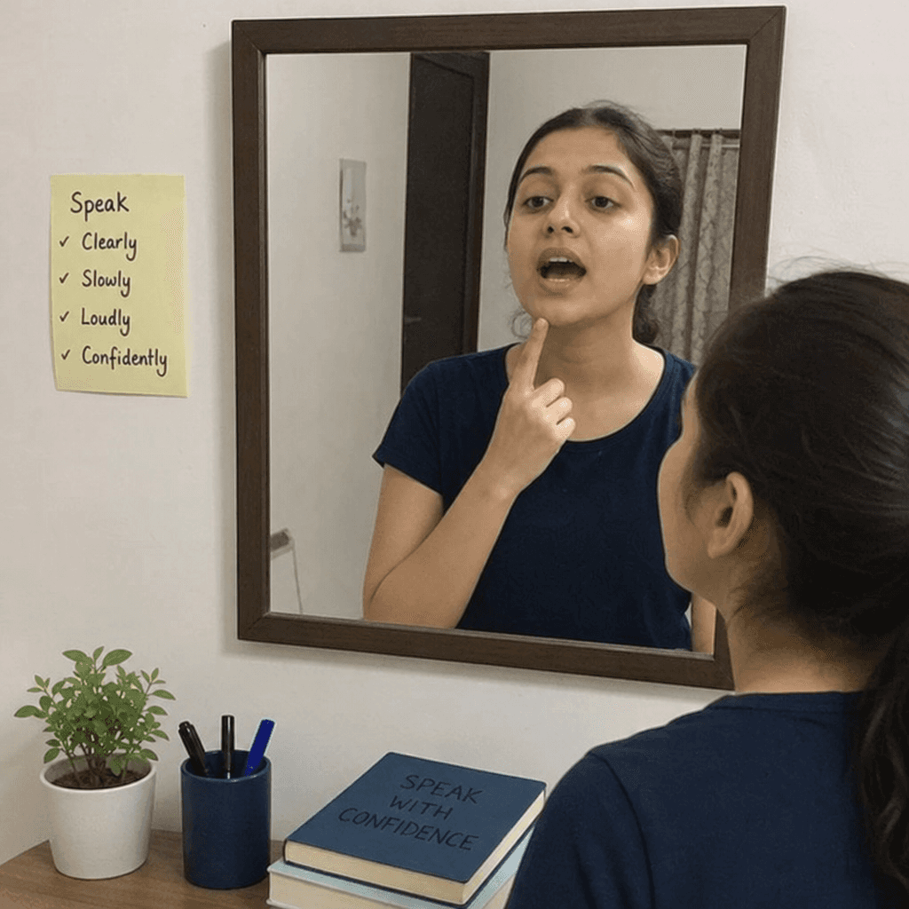 speaker practicing clear articulation in front of a mirror