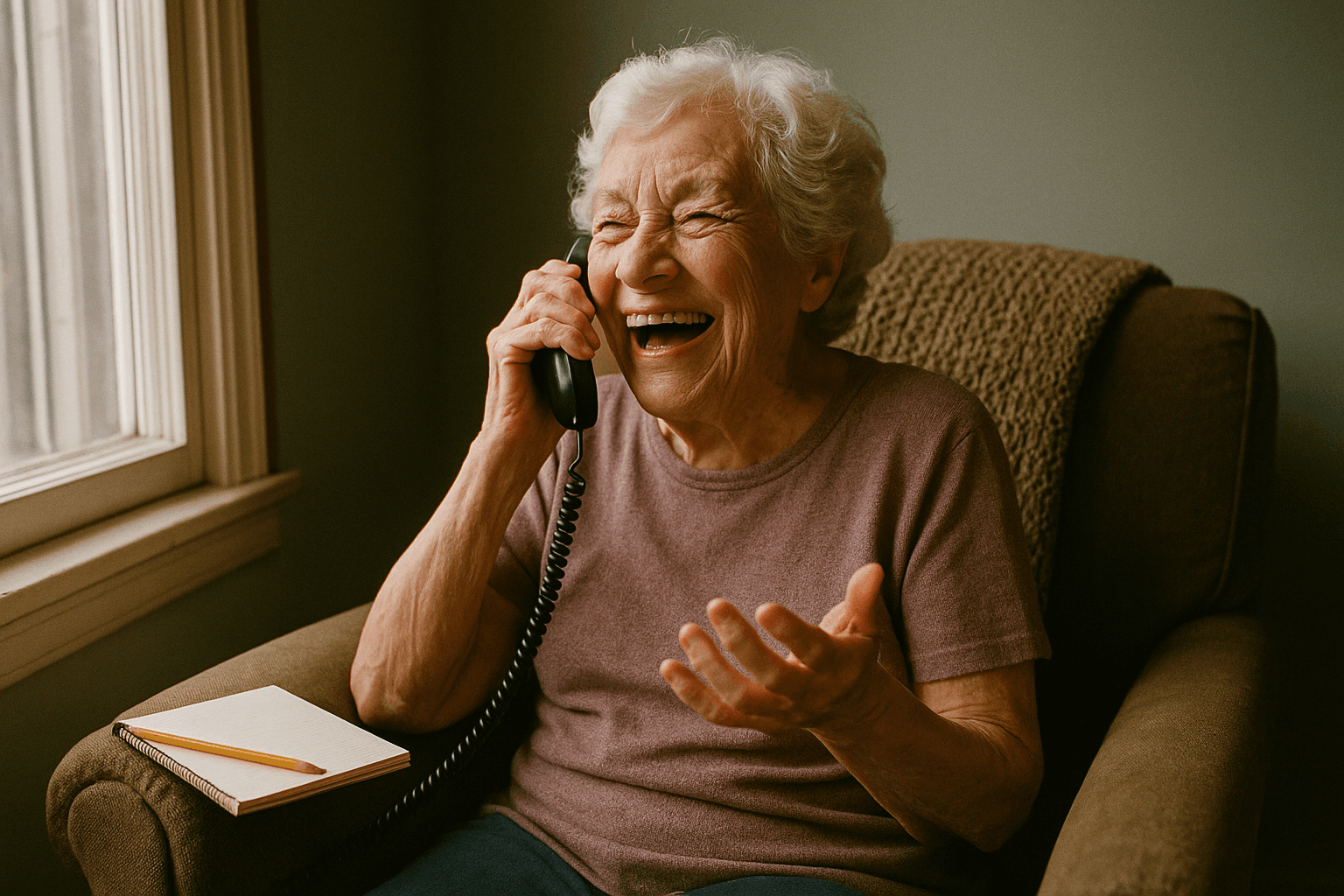 An elderly woman laughs warmly during a phone conversation while seated in her armchair by a window.
