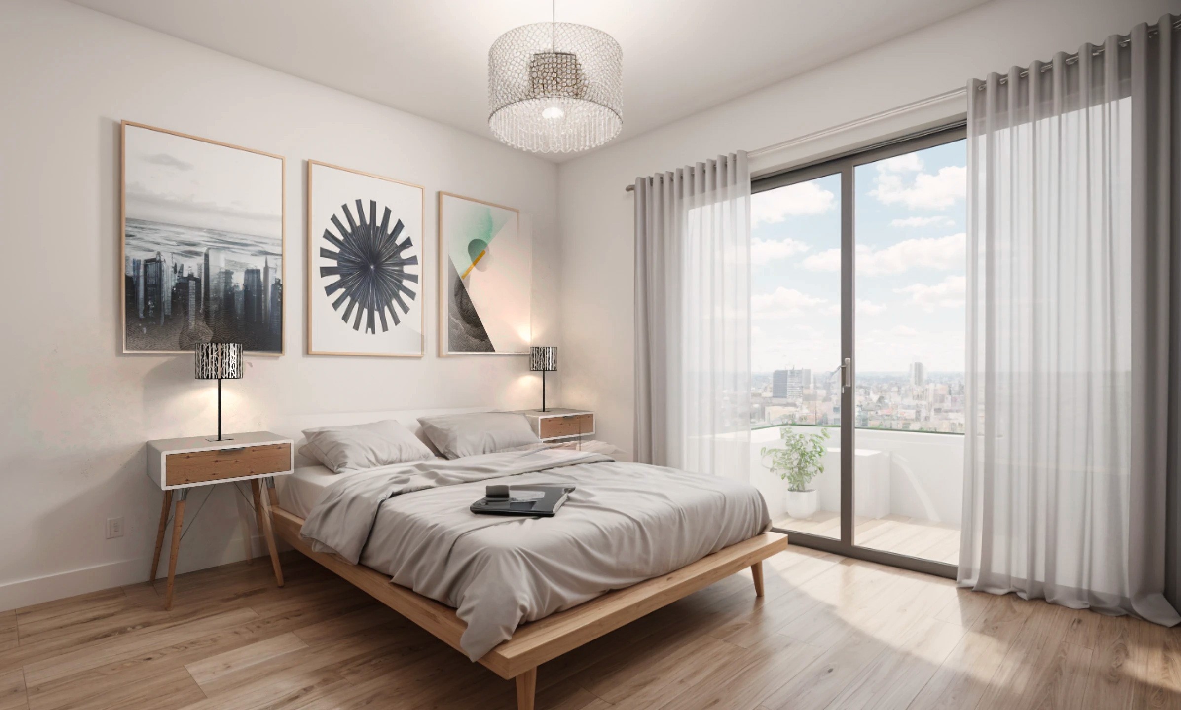 Bright bedroom in a one-bedroom apartment featuring a bed, bedside tables, and access to a balcony with a city view, designed for small spaces.