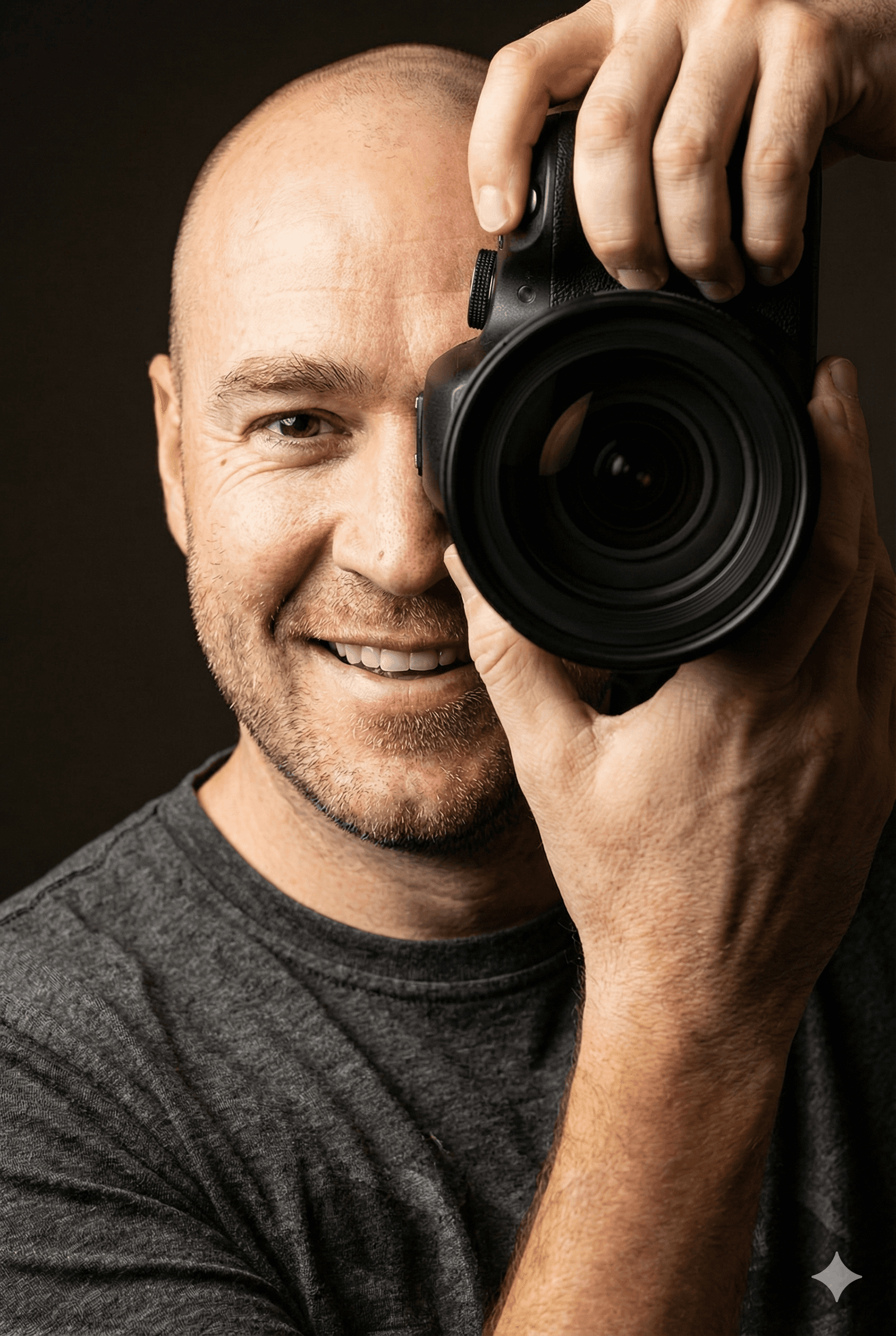 Smiling photographer holding a camera for a portrait shot.