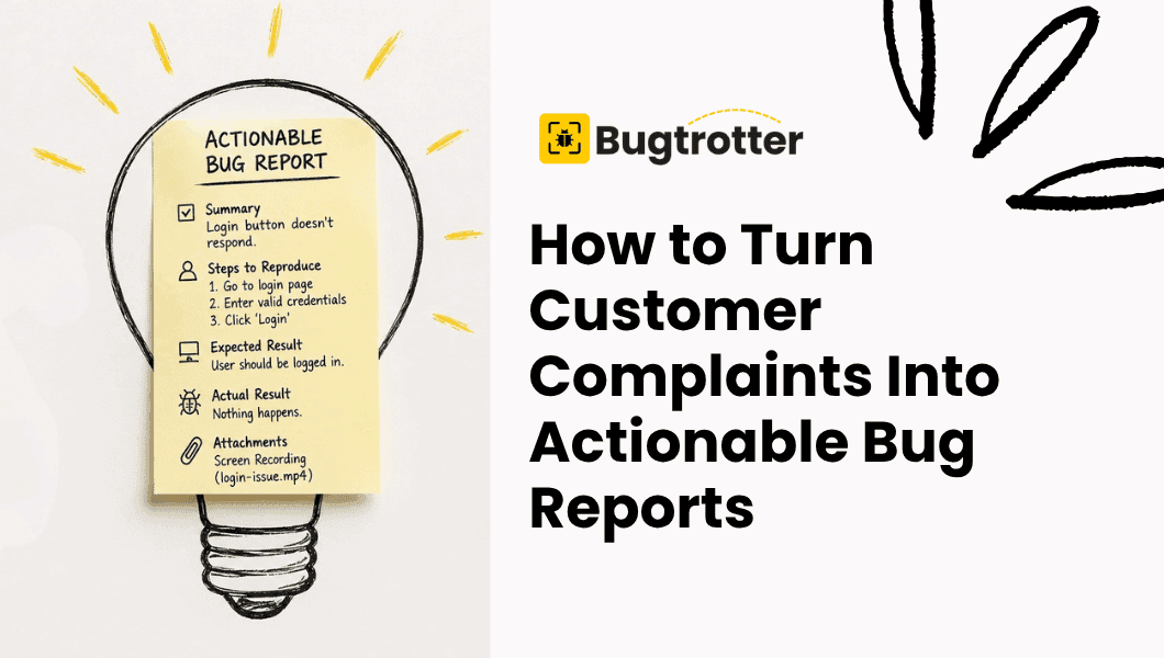 ight bulb and actionable bug report beside blog title and Bugtrotter logo