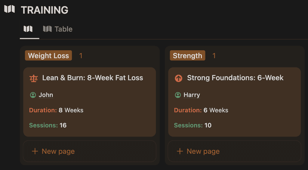 Notion personal trainer workout plan builder