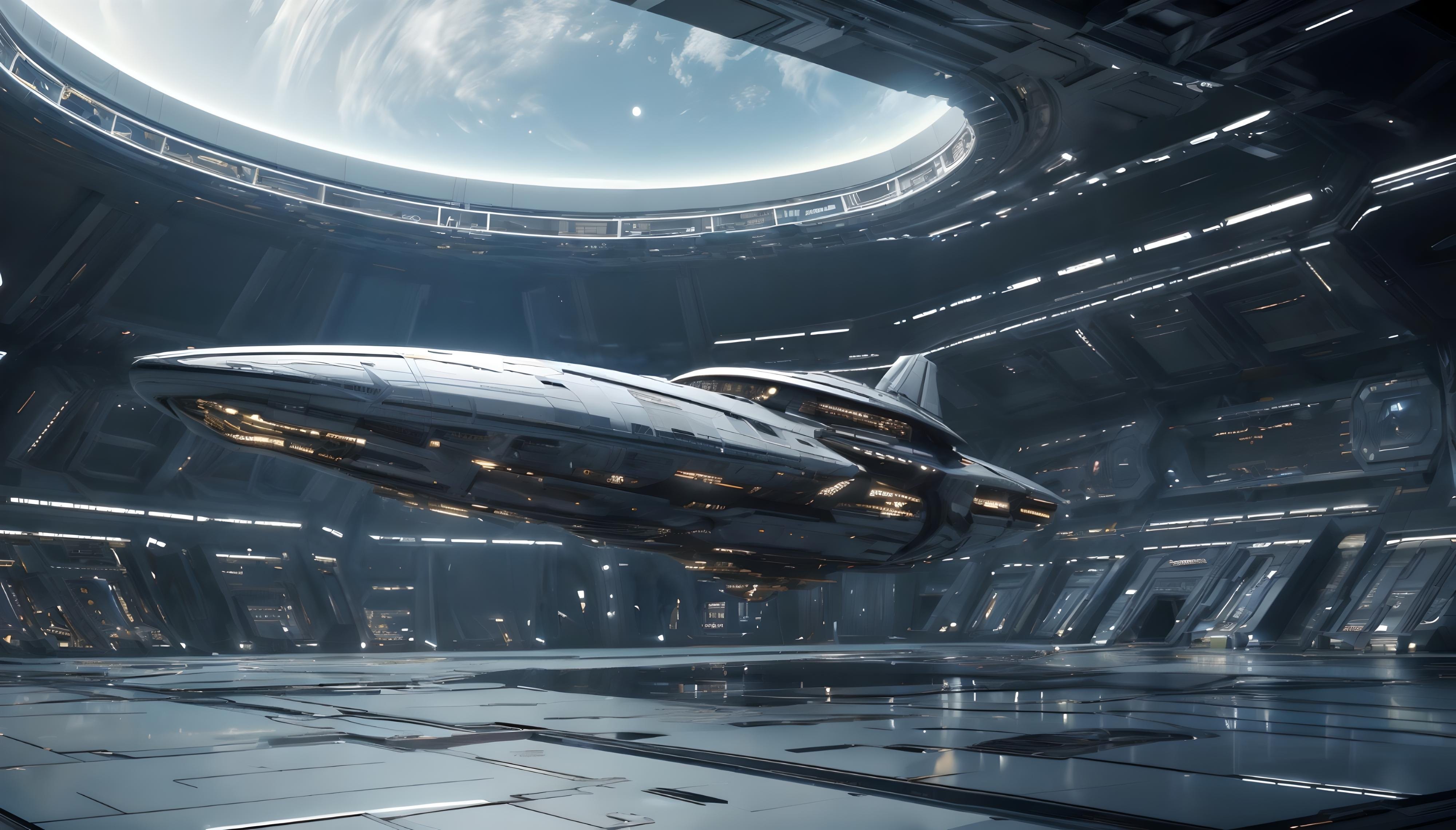 A sleek spaceship taking off through a roof opening in a space station launch bay