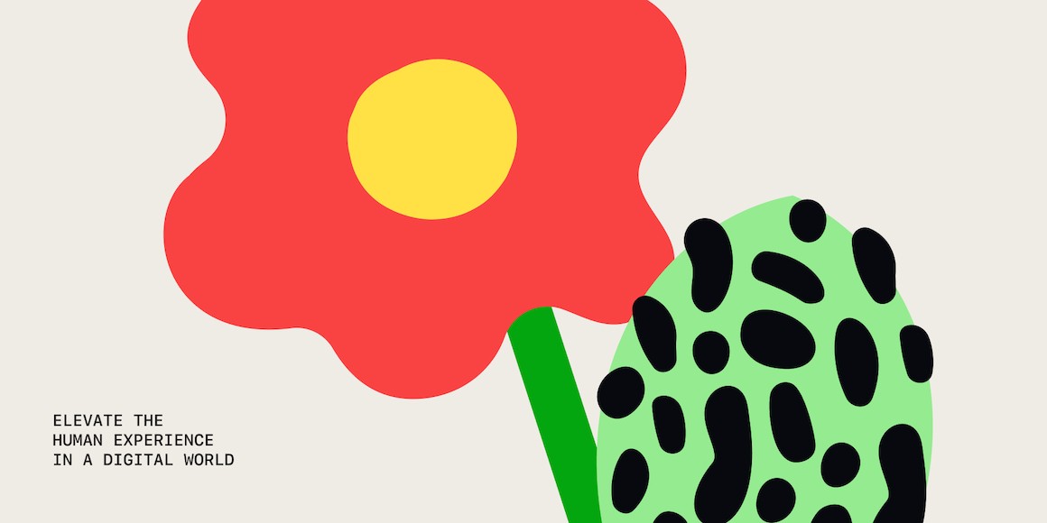 Abstract illustration of a red flower with a yellow center beside a green spotted leaf, with text 'Elevate the Human Experience in a Digital World'