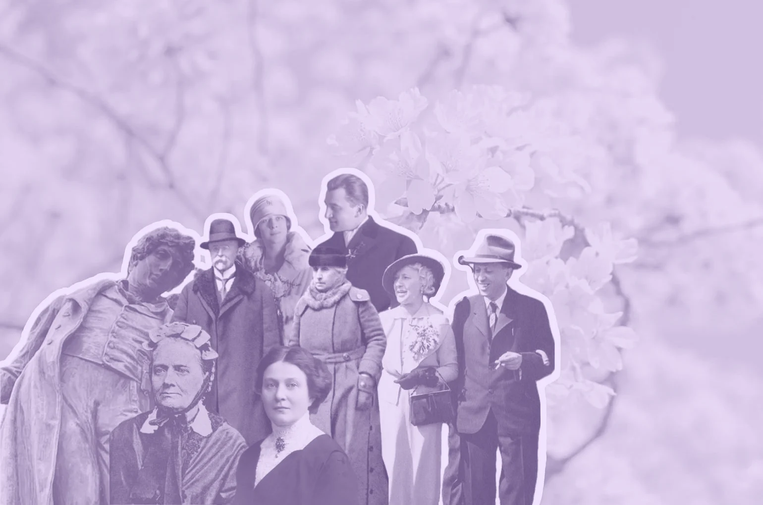 Collage of historical Czech figures on a soft purple floral background.