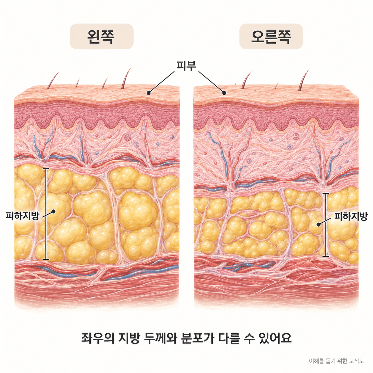 좌우 피하지방의 두께와 분포 차이를 같은 축척으로 비교한 모식도