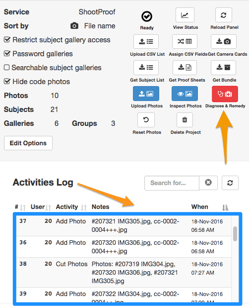 Screenshot of the Snapizzi Diagnose & Remedy Tool and Activity Log showing automated project diagnostics, workflow issue detection, and a chronological history of project activities to help troubleshoot high-volume photography workflows.