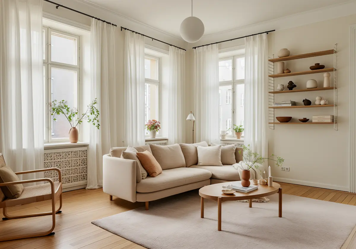 Bright Japandi-style living room featuring a cream modular sectional sofa, round wooden coffee table, white sheer drapes, and wall-mounted shelving.