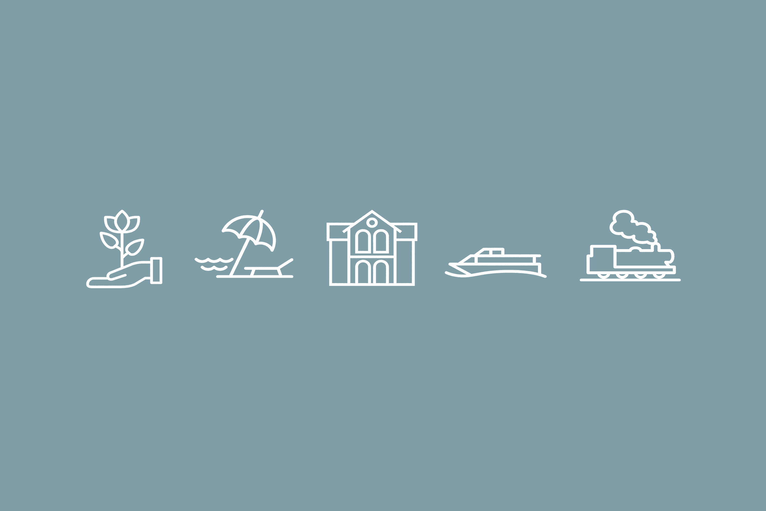 Icons: hand holding plant, beach, building, boat, train