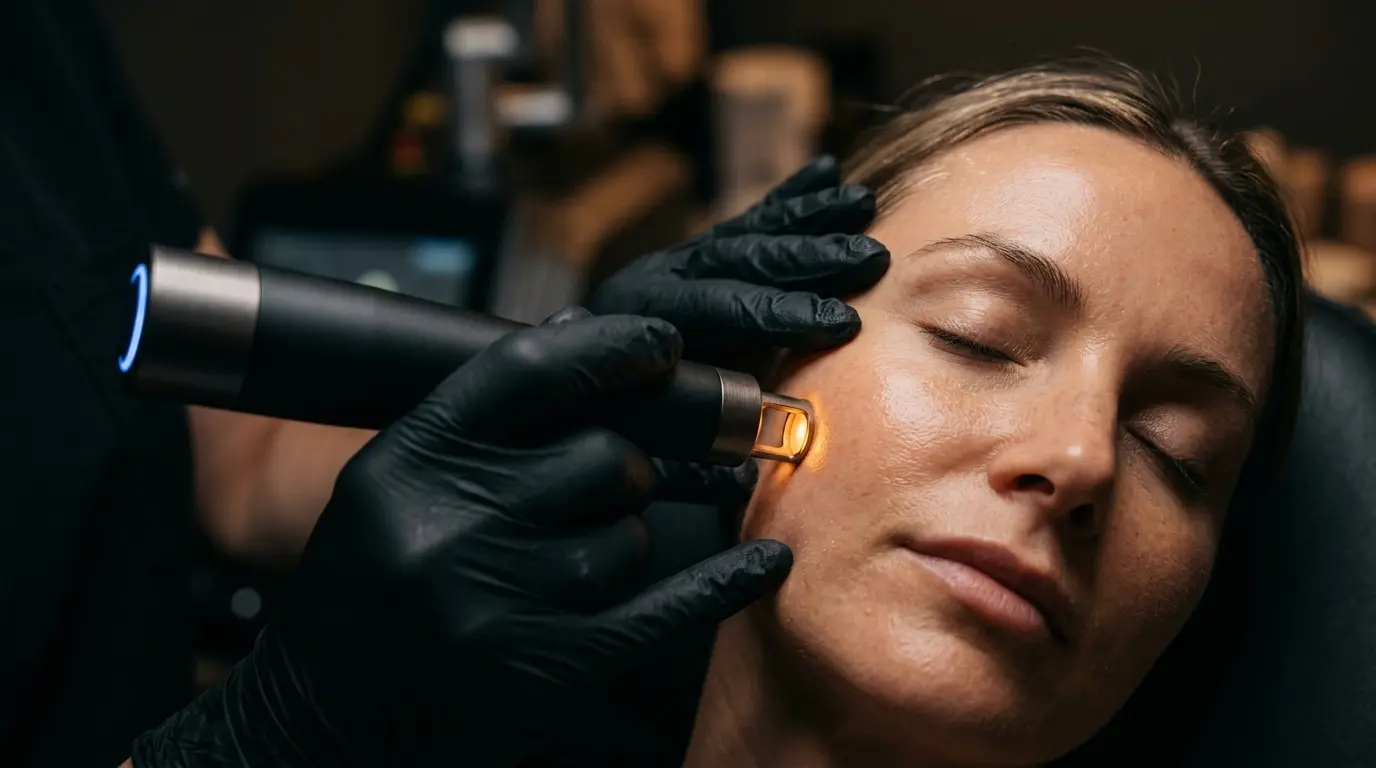 Aesthetician guiding a gentle facial laser across a calm client's cheek at a Vancouver medical spa.