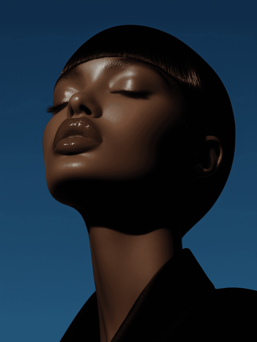 A person with a short hairstyle gazes upward against a dark blue sky, exuding confidence and poise.