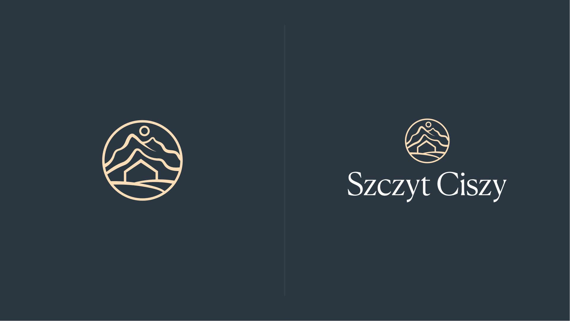 Sygnet i logotyp Szczyt Ciszy przedstawiające domek, górskie szczyty i słońce na granatowym tle.