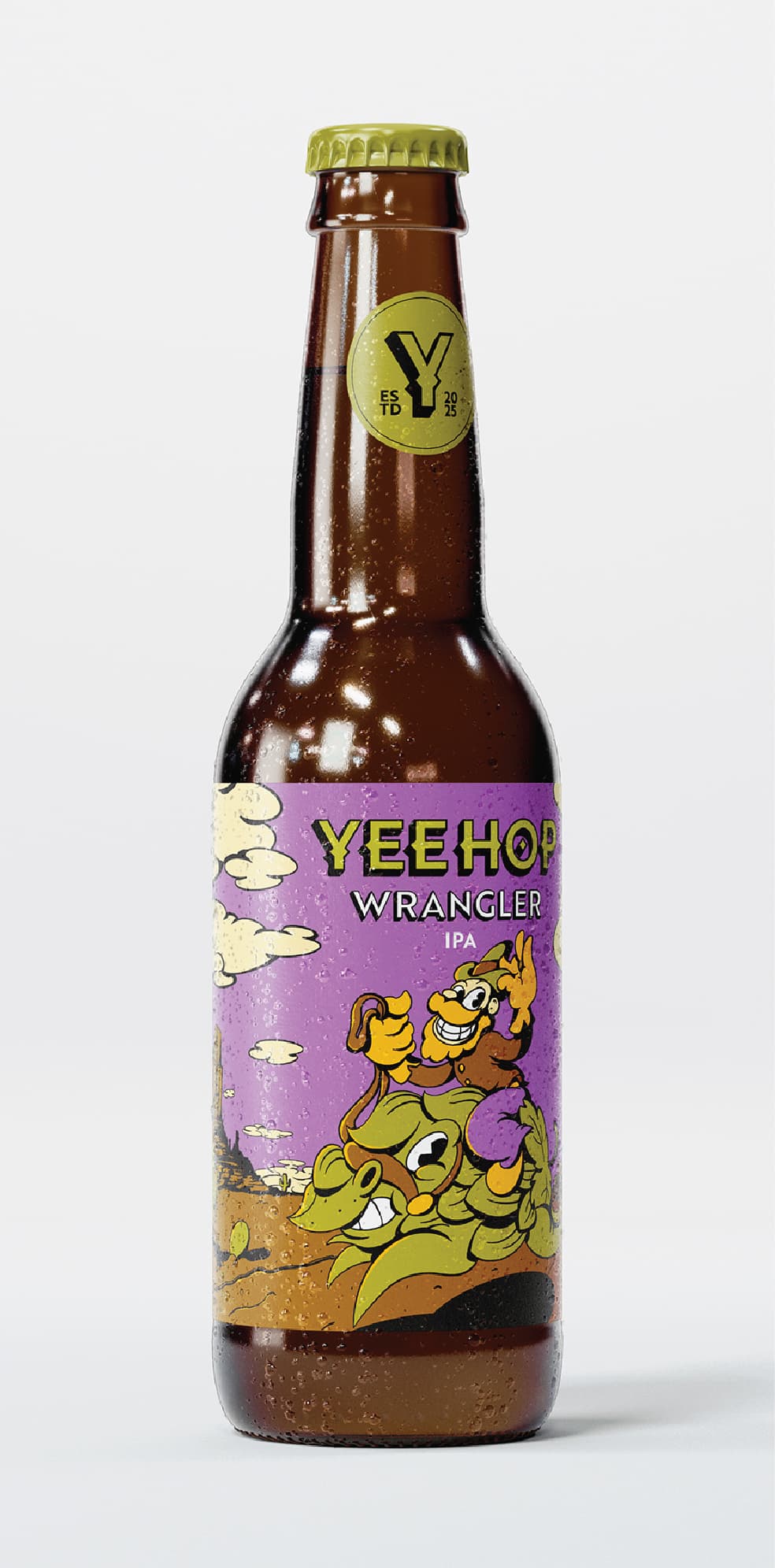YeeHop Wrangler IPA bottle, featuring playful rubber-hose–style artwork of a Wild West cowboy riding a creature shaped like a hop.