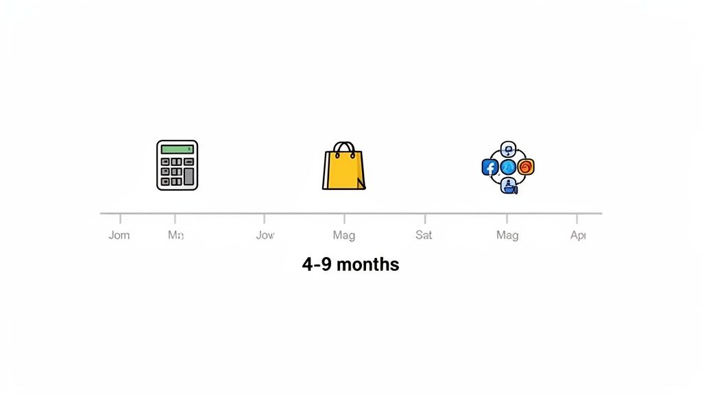 A development timeline showing a calculator, shopping bag, and social media icons, indicating a 4-9 months duration.