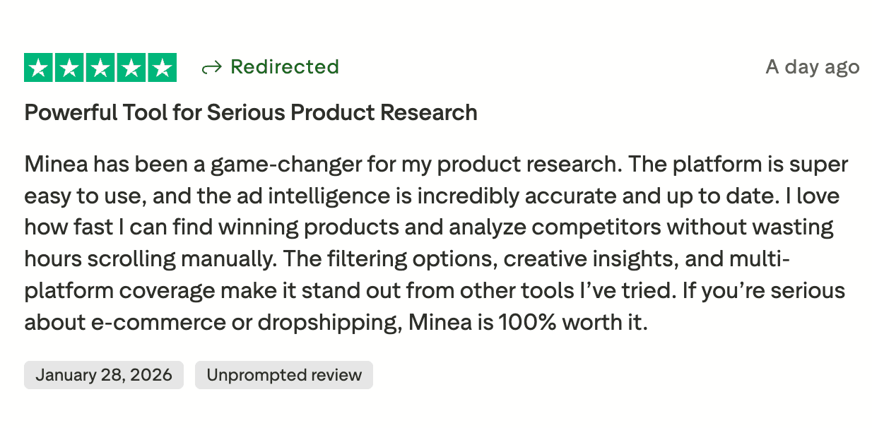 Minea review about fast product research and competitor analysis