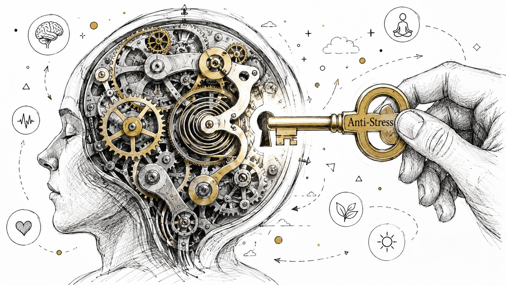 A pencil sketch of a human head with mechanical clockwork gears inside being unlocked by a key.