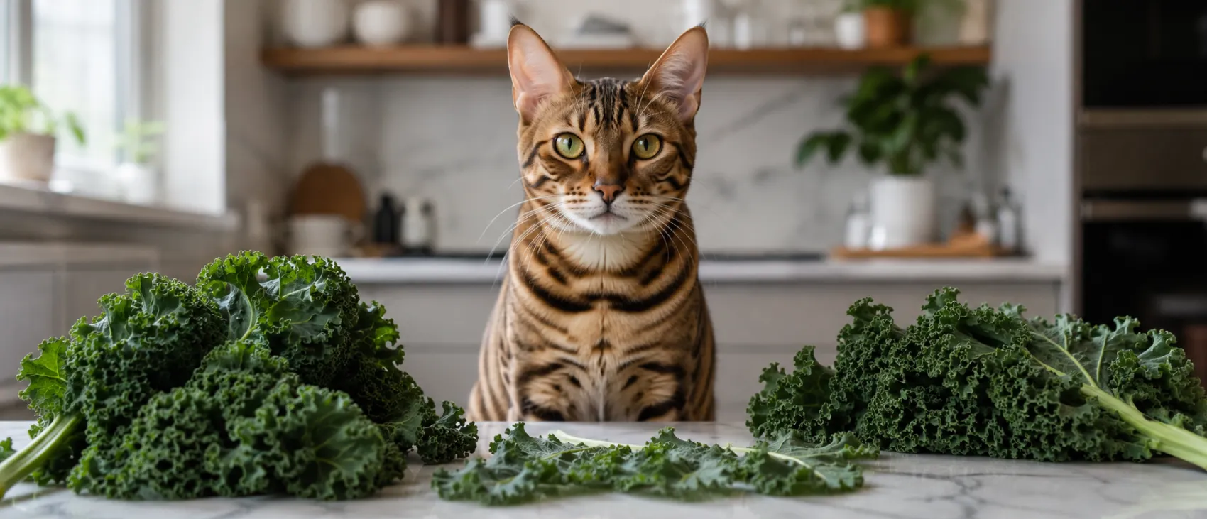 A Bengal cat sitting at a counter surrounded by fresh kale leaves.