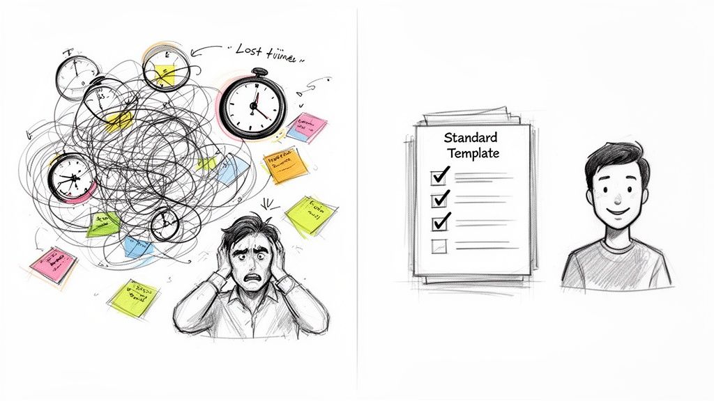 Illustration comparing a disorganized, stressful workflow with a clear, templated, and efficient process.
