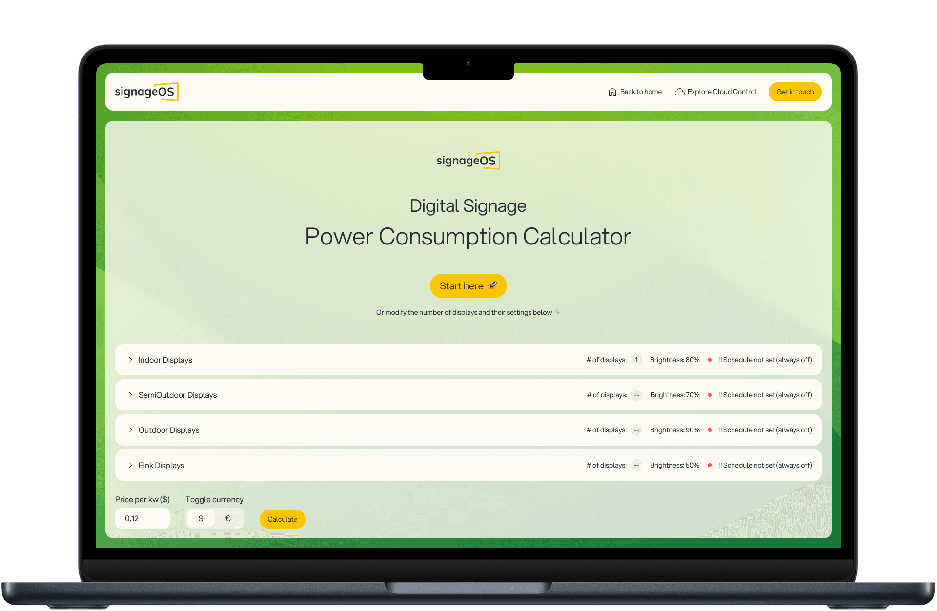 A screenshot of signageOS' power consumption calculator